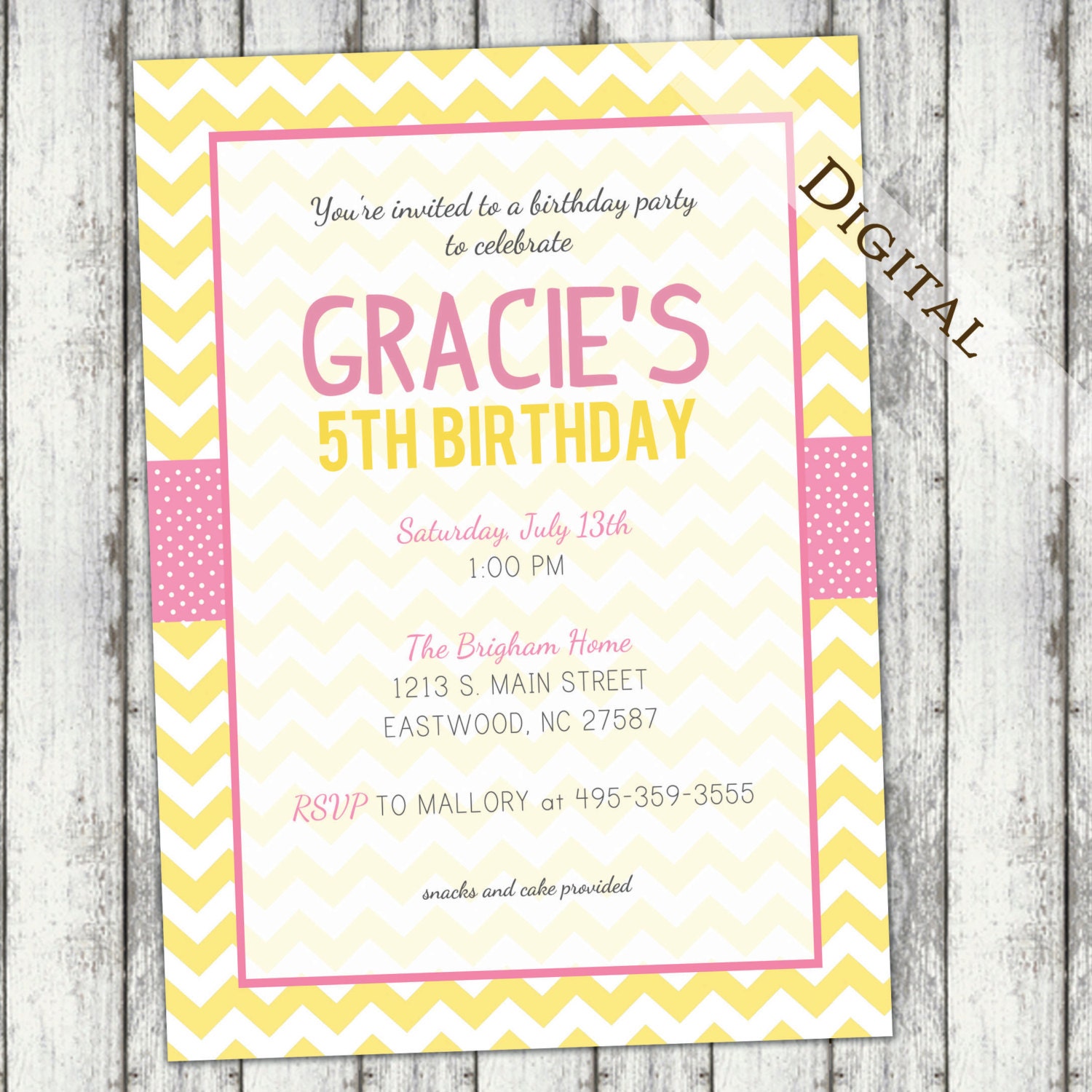 Chevron birthday invitation with polka dots, pink and yellow, girl birthday invitation, summer invitation,digital, printable file (item108)