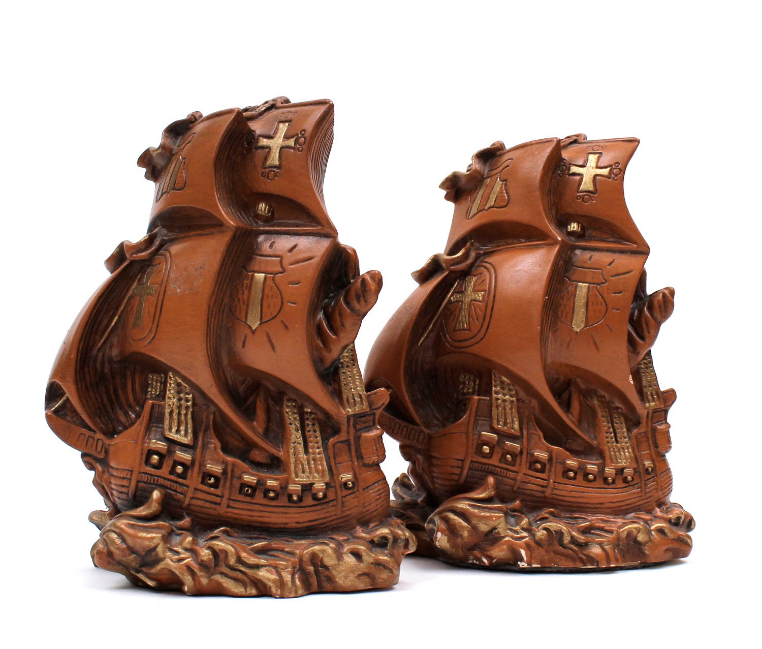 SALE 1960s / 1970s Ceramic Pirate Ship Bookends / Nautical Home Decor / Mid Century / Sailboat