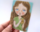 ACEO ATC Original, Watercolor Painting on Card, Whimsical Girl Illustration - Fawn by Amalia K