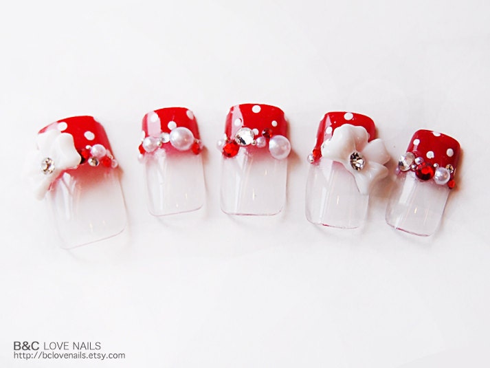 Cute Barbie Style Fake Nail Set - " Polka Dots ( Red ) "