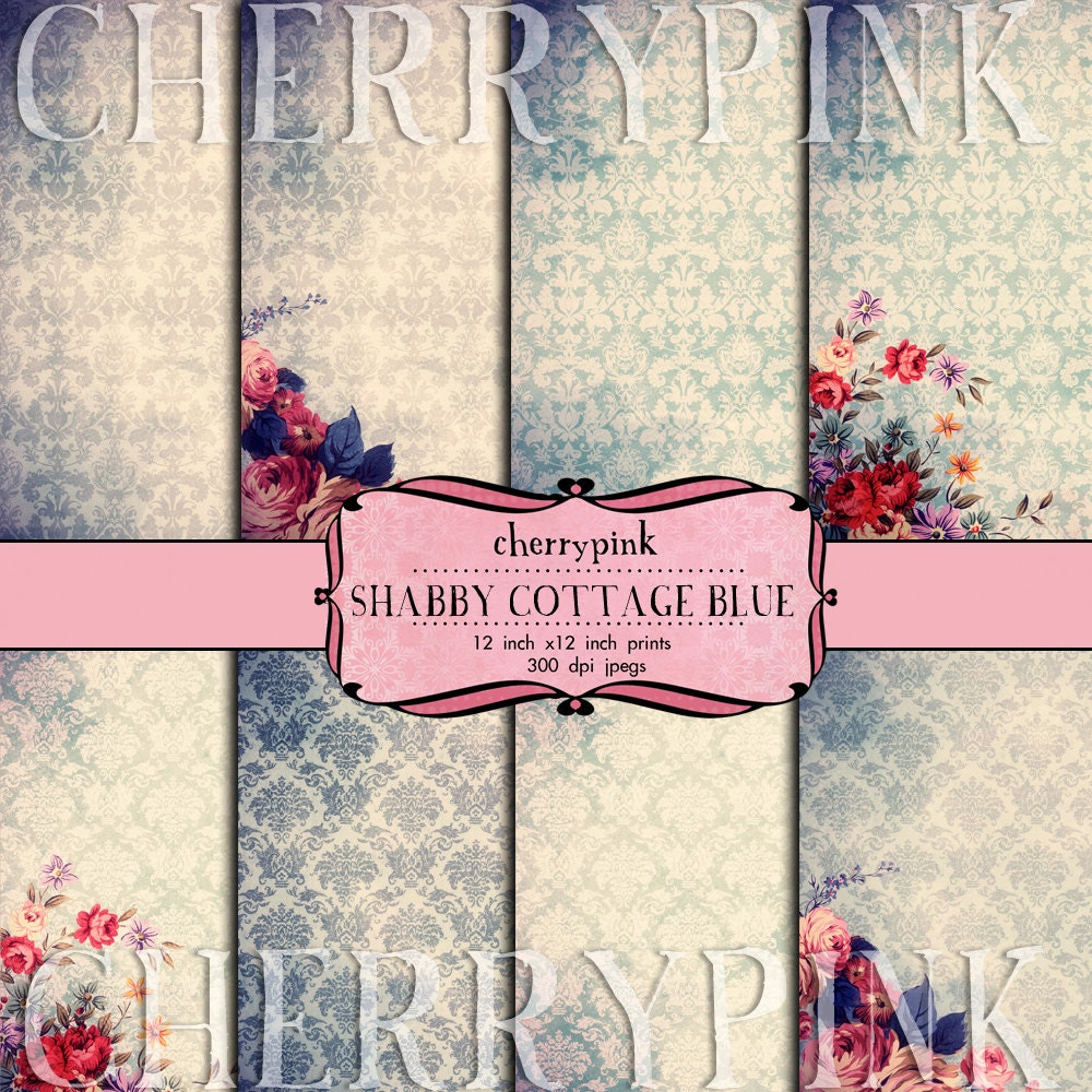 12 x 12 scrapbook papers, "Shabby Cottage Blue"digital download, premade pages, perfect for scrapbooking, card making, Invites.