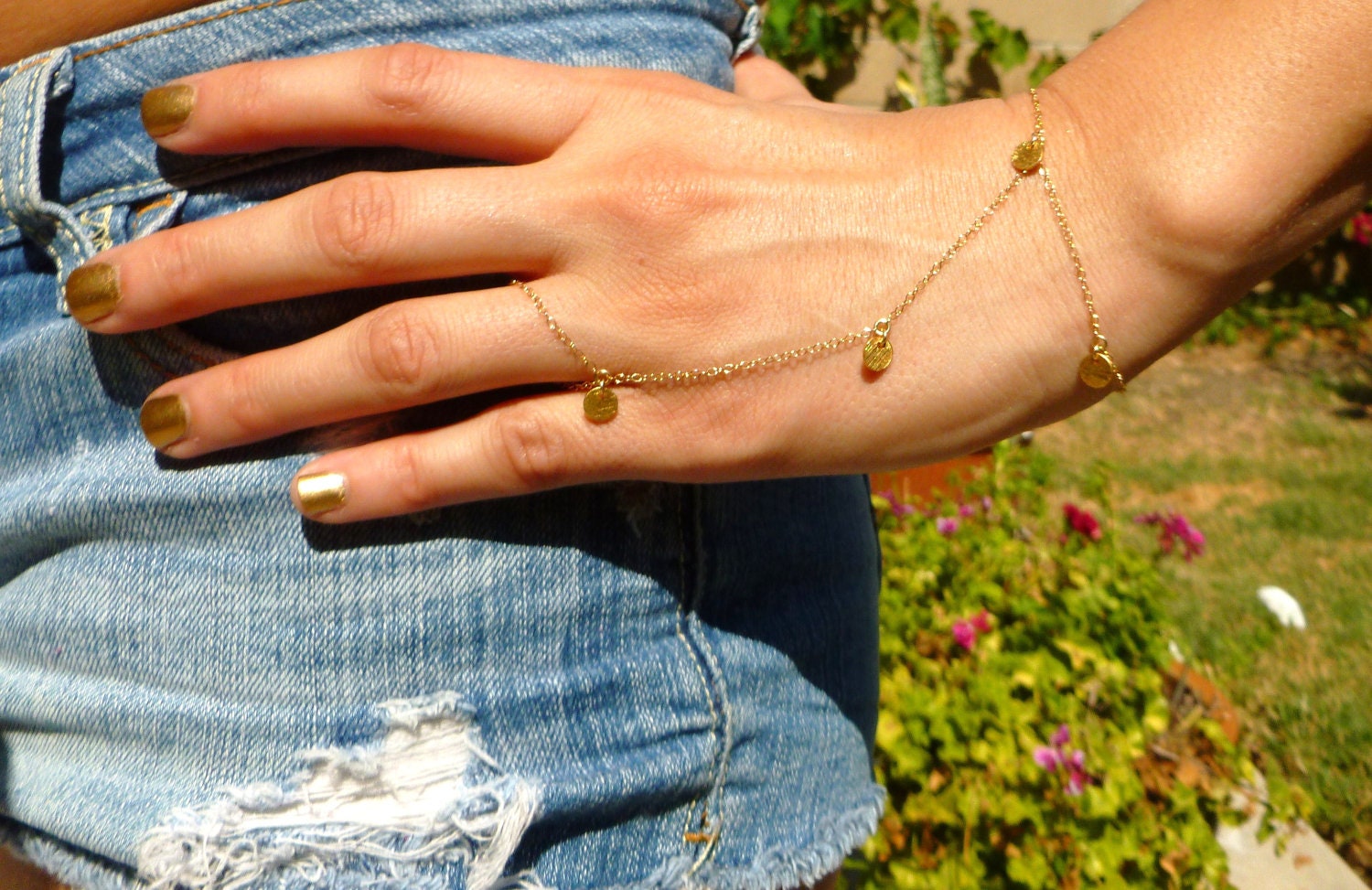 Slave Bracelet, 14kt Gold Filled Chain, Delicate Bracelet Ring, Disc Charms, Indian Hand Jewelry, Body Chain, Wedding Jewelry
