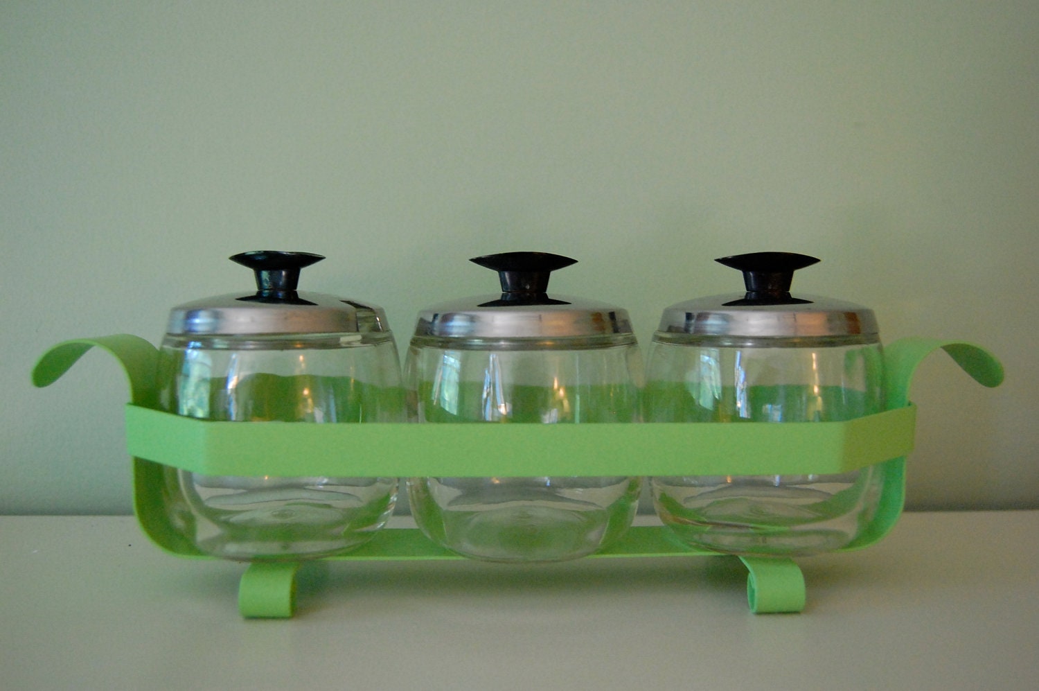 Green Vintage Foley Condiment Set With Tray, Glass Jars and Stainless Steal Lids