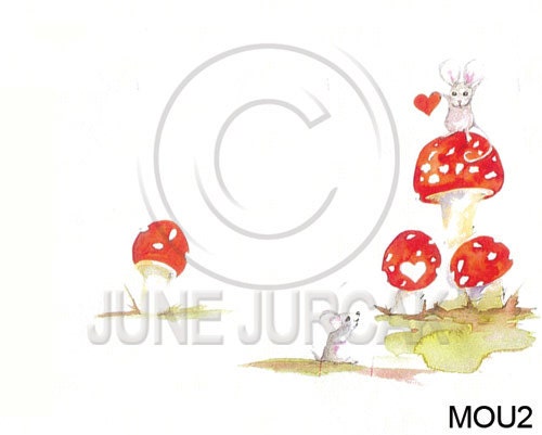 Watercolor Mushrooms and Mice Greeting Card - Painting by June Jurcak