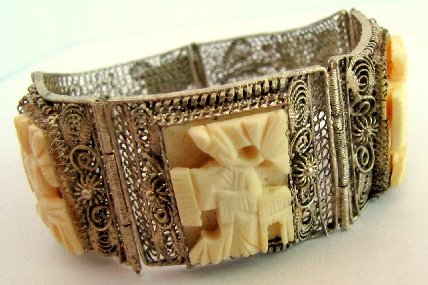 Antique Chinese Filigree Carved Ox Bone Bracelet