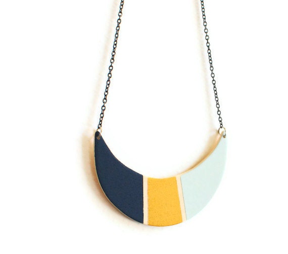 wood moon necklace - crescent moon necklace - color block - gold, navy blue, light blue - oxidized silver chain