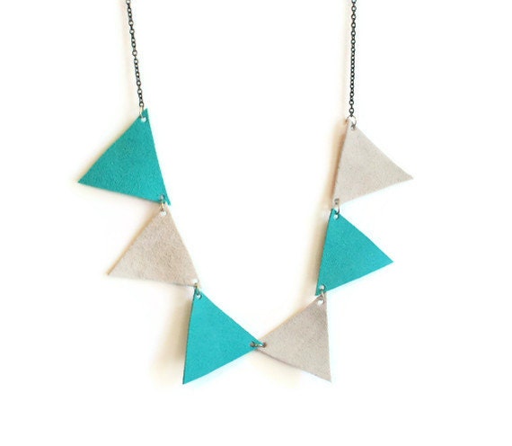 suede bunting necklace - robins egg blue, grey - silver oxidized chain