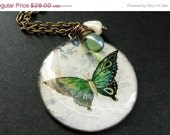 SUMMER SALE - Butterfly Necklace. Green Butterfly Necklace with Green Glass Teardrop and Pearl. Handmade Jewellery.