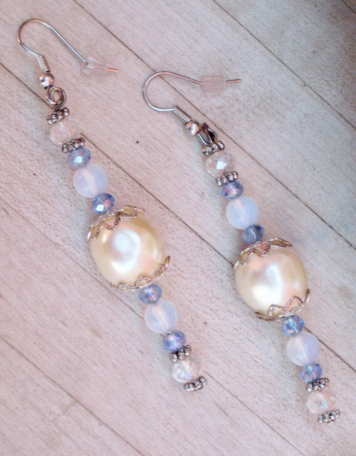 Moonbeam - Western Cowgirl Victorian Steampunk Bridal Antique Silver Pearls Moonstone Gemstone Blue Crystal Vintage Long Dangle Earrings