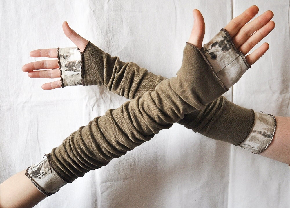 Extra Long Creased Arm Warmers Gloves Mittens Fingerless Upcycled Clothing Funky Wrapped Wrists Cuffs Eco Style Woman's Clothing