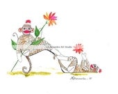 Shoe Print - SHIPS FREE -Sock Monkey Daisy Flower Shoe - Enhanced with W/C Paint and signed