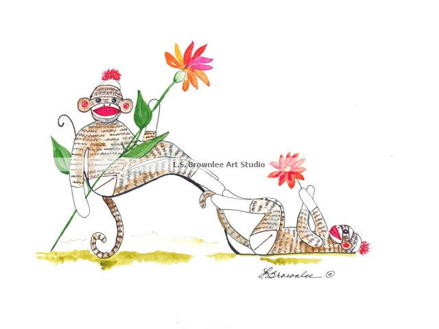 Shoe Print - SHIPS FREE -Sock Monkey Daisy Flower Shoe - Enhanced with W/C Paint and signed