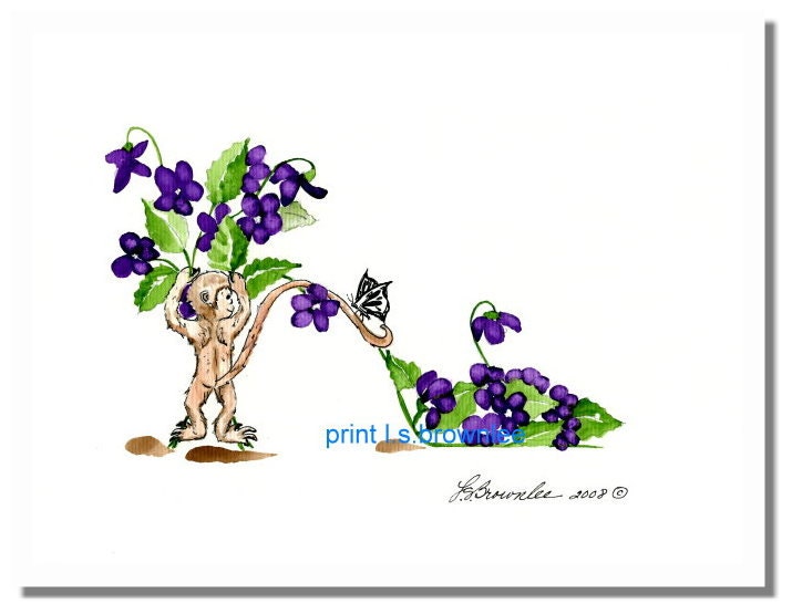 Shoe Print - FREE SHIPPING - Monkey Violet Flower Shoe - Enhanced with Watercolor Paint and Signed