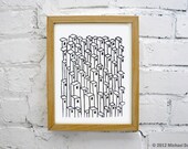 Urban Downtown City Buildings Linocut Block Relief Print - Cityscape Skyscraper City Town Printmaking