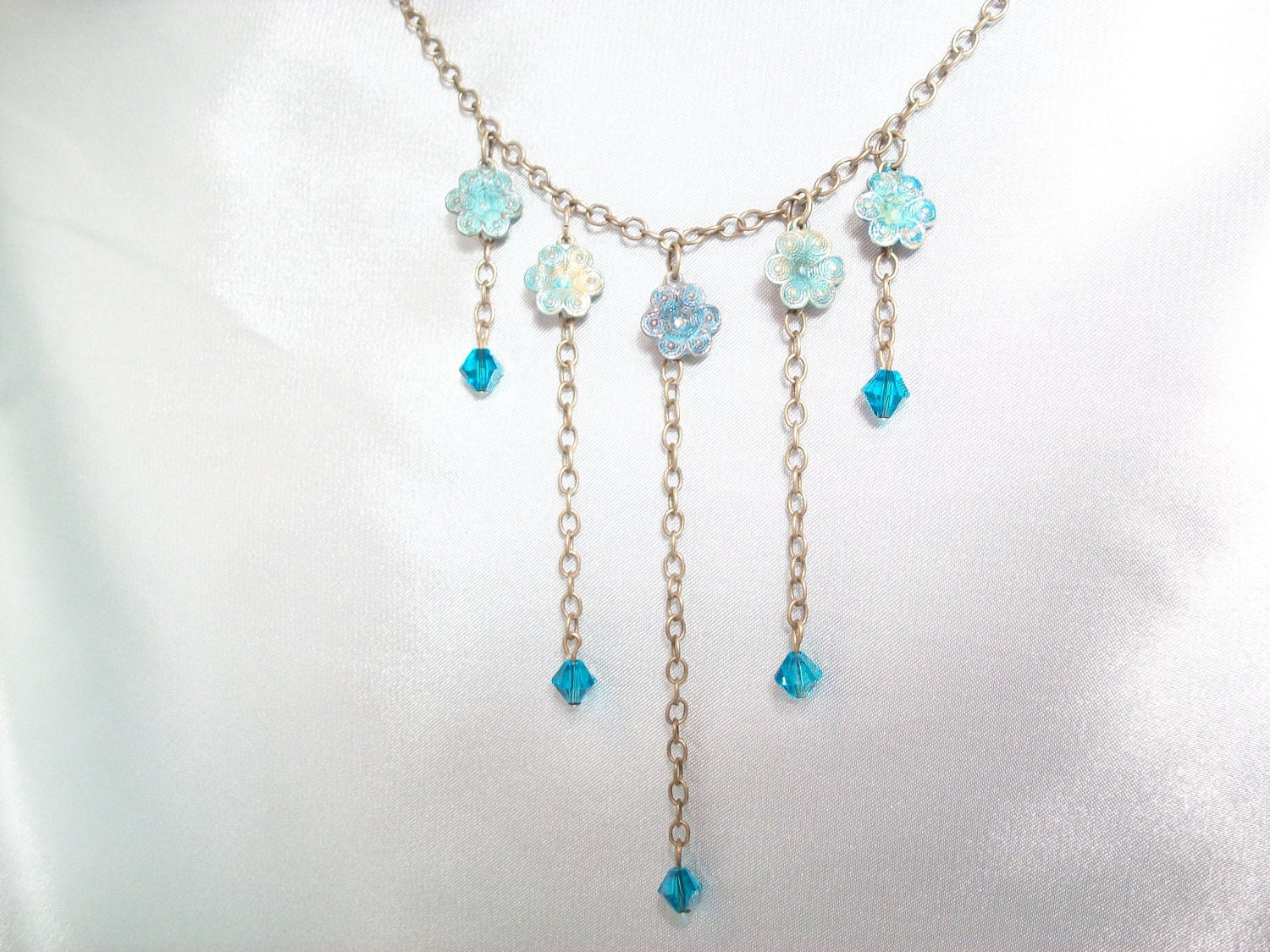 Dainty Floral Necklace, Green, Blue