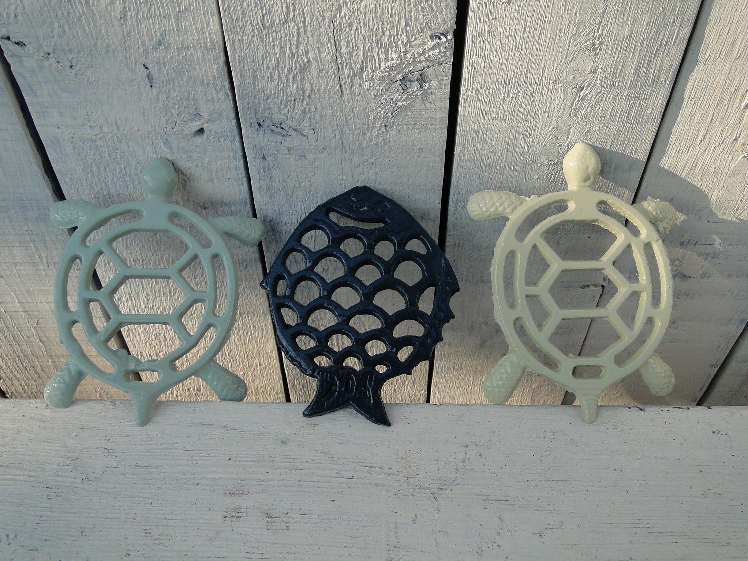 Kitchen Trivet Small Turtle and Fish Iron Trivet set blue teal turquoise green "Under the Sea"