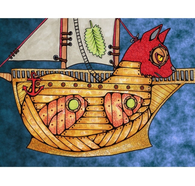 Cat Ship Art Print, an Ancient Nautical Wonder 8x10