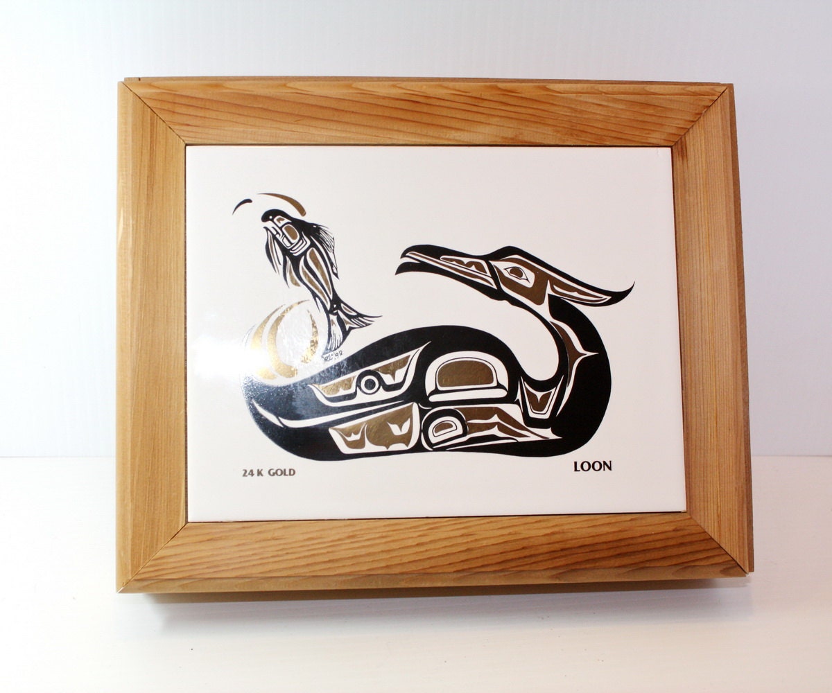 Vintage Wood Box Northwest Indian Hand Painted Signed Tile Top Loon Native American Art