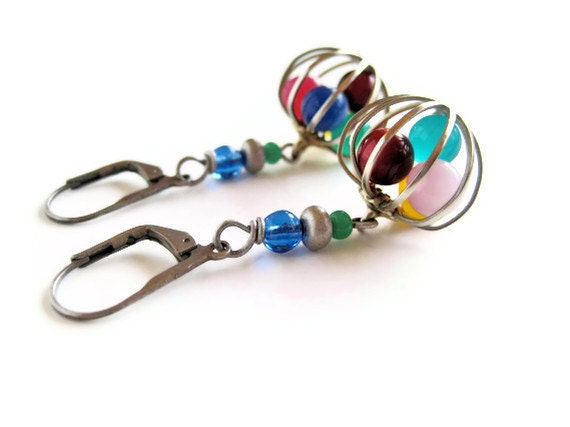 Multicolor Dangle Earrings, Vintage Cage