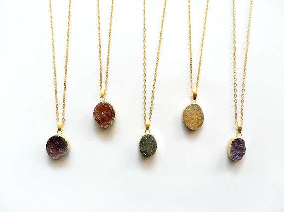 Druzy Necklace - You Choose Stone, Jewel Tone Colors, Raw Crystal Pendant, Gold Chain, Drusy, Autumn Fall Fashion