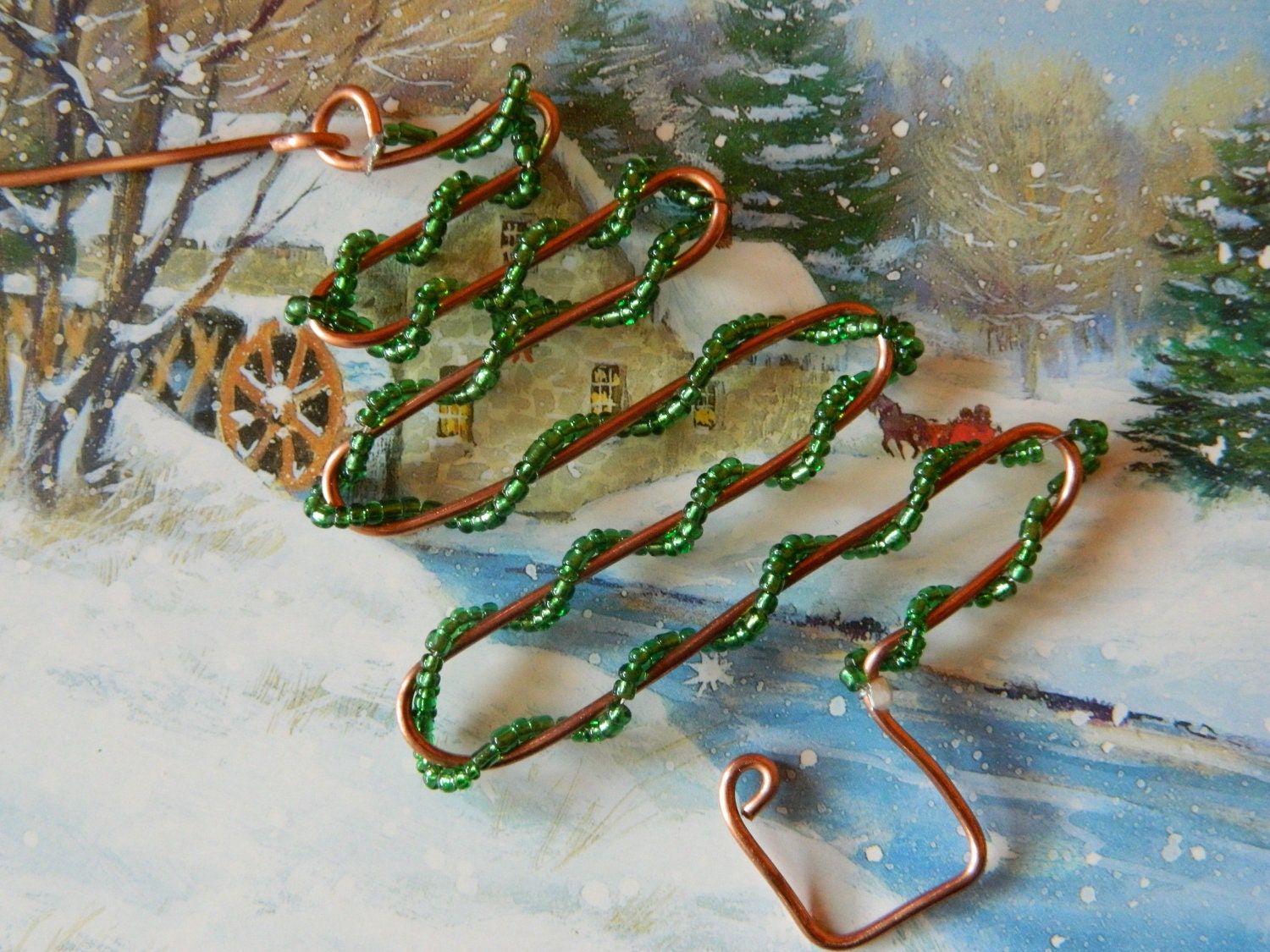 RECYCLED copper wire CHRISTMAS tree ORNAMENT with green seed beads