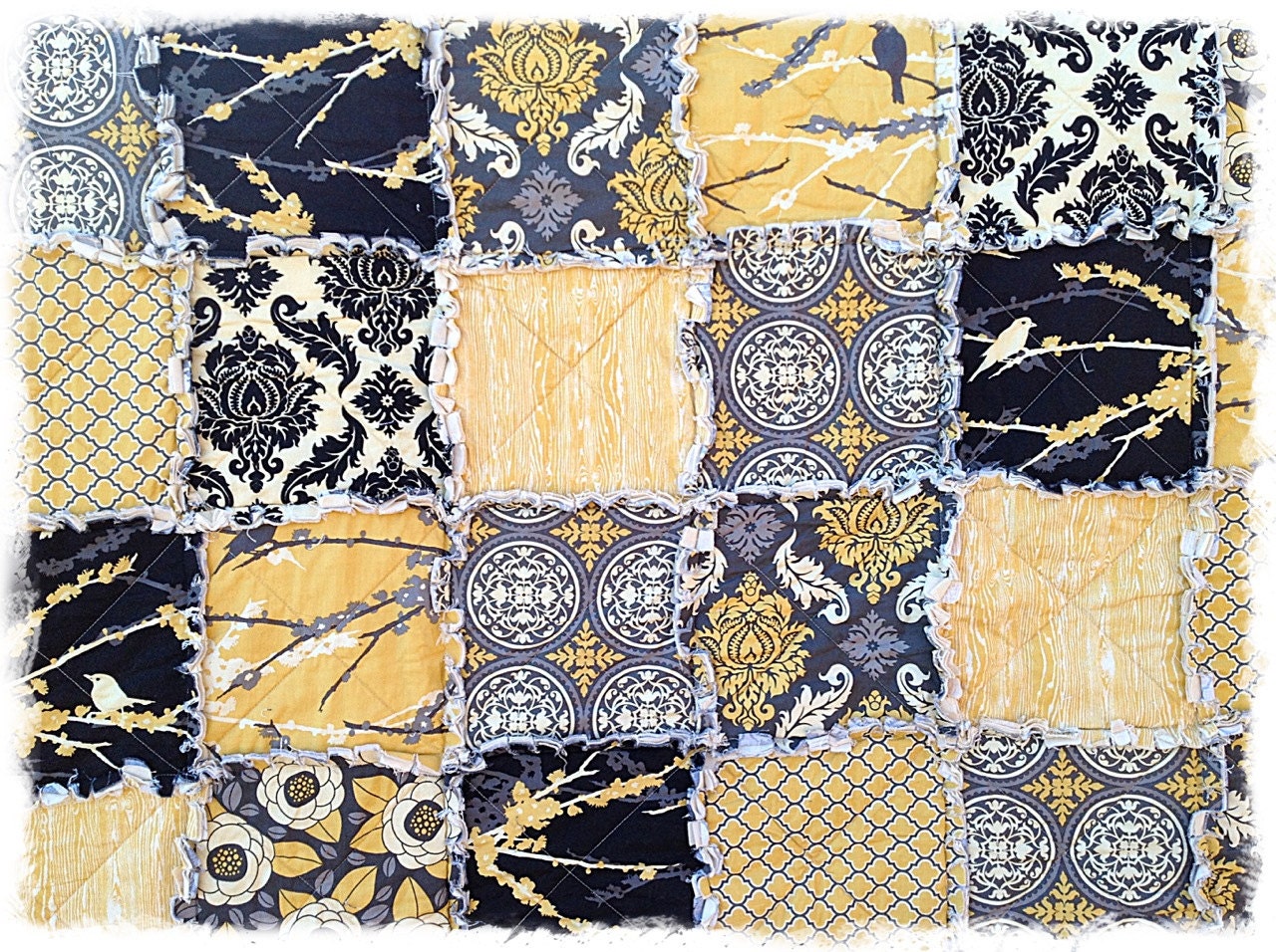Rag Quilt - Queen Size - Mustard Yellow and Gray Aviary 2 Modern Handmade Bedding