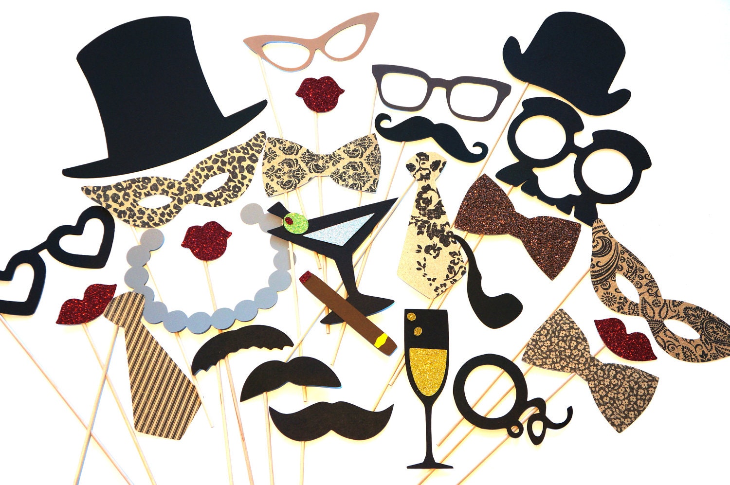Vintage Photo Booth Props DELUXE Set - 27 piece set - Birthdays, Weddings, Parties - GLITTER Photobooth Props
