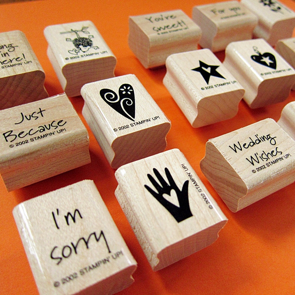 Rubber Stamps- Mini Mates Wood Mounted Stamp Set of 15 - icons and sentiments - Stampin' Up Retired