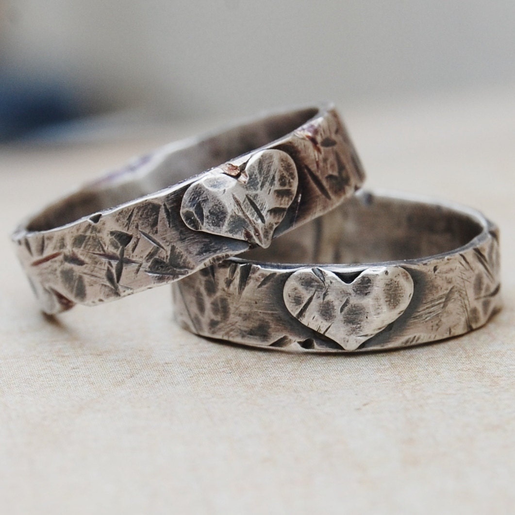Love Weathers Any Storm - Pair Of Sterling Silver Ring Bands  - Recycled Eco Friendly - 5mm - Hand Forged - Custom Size