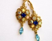 Capri blue flower Earrings - Crystal Flower earrings Capri and Aqua AB Crystal cluster dangle earrings Handcrafted jewelry