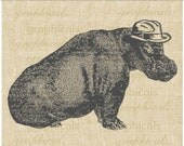Happy hippo in a cool hat wild animal digital download image for transfer to burlap t shirt pillow tote bag  No. 295