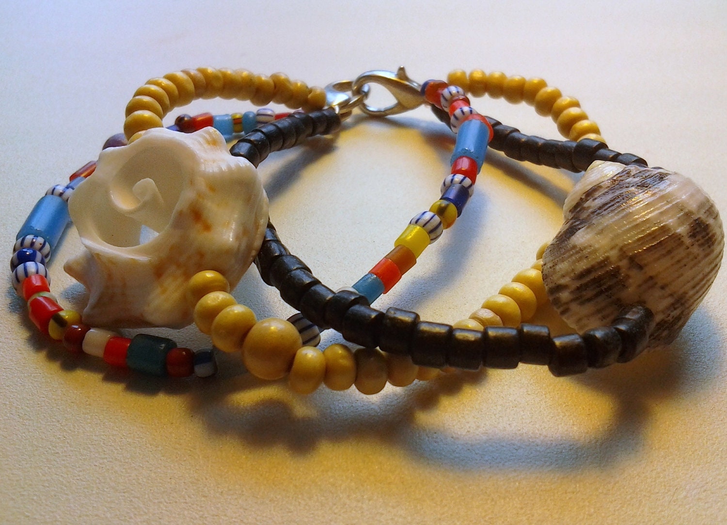 Seashells, Glass and Wood Beads Triple bracelete - Surfer girl, beach, colorful, delicate, - RumCay