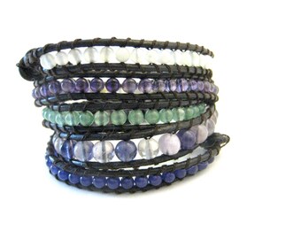 Leather wrap bracelet Green jade, purple amethyst, green aventurine, rainbow flourite, dark brown leather wrap bracelet