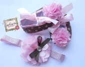 Baby Girl  shoes and headband set,Baby Girls  shoes,  Brown and pink polka dot Ballet baby shoes, crib shoes and headband.