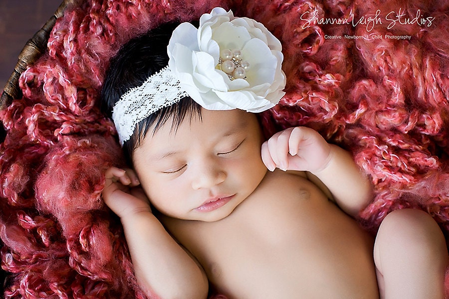 Sweet Newborn Headband Ivory Flower With Rhinestone And Pearl Embellishment On Lace Stunning Vintage Style Newborn Photo Prop