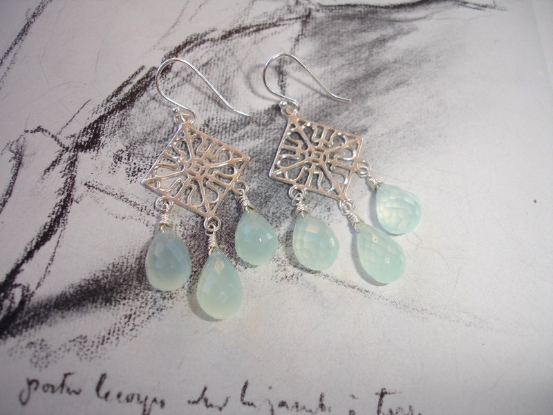 Aqua Chalcedony Sterling Silver Chandelier Earrings, Filigree, Diamond Shape, Neoclassical, Summer Raindrops