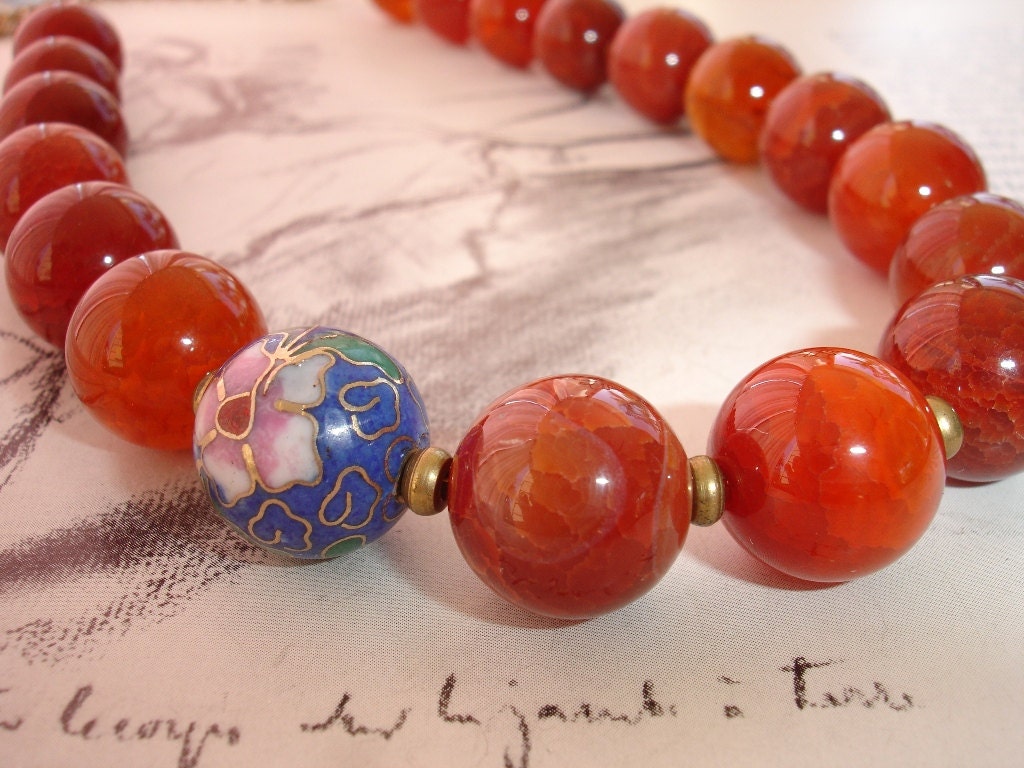 Fire Agate and Vintage Cloisonne Beaded Necklace,Vintage Brass Chain, Classic and Elegant