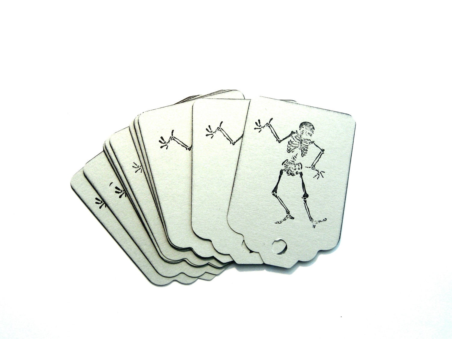 Halloween Gift tags.  Set of 10 grey paper tags with black skeleton.