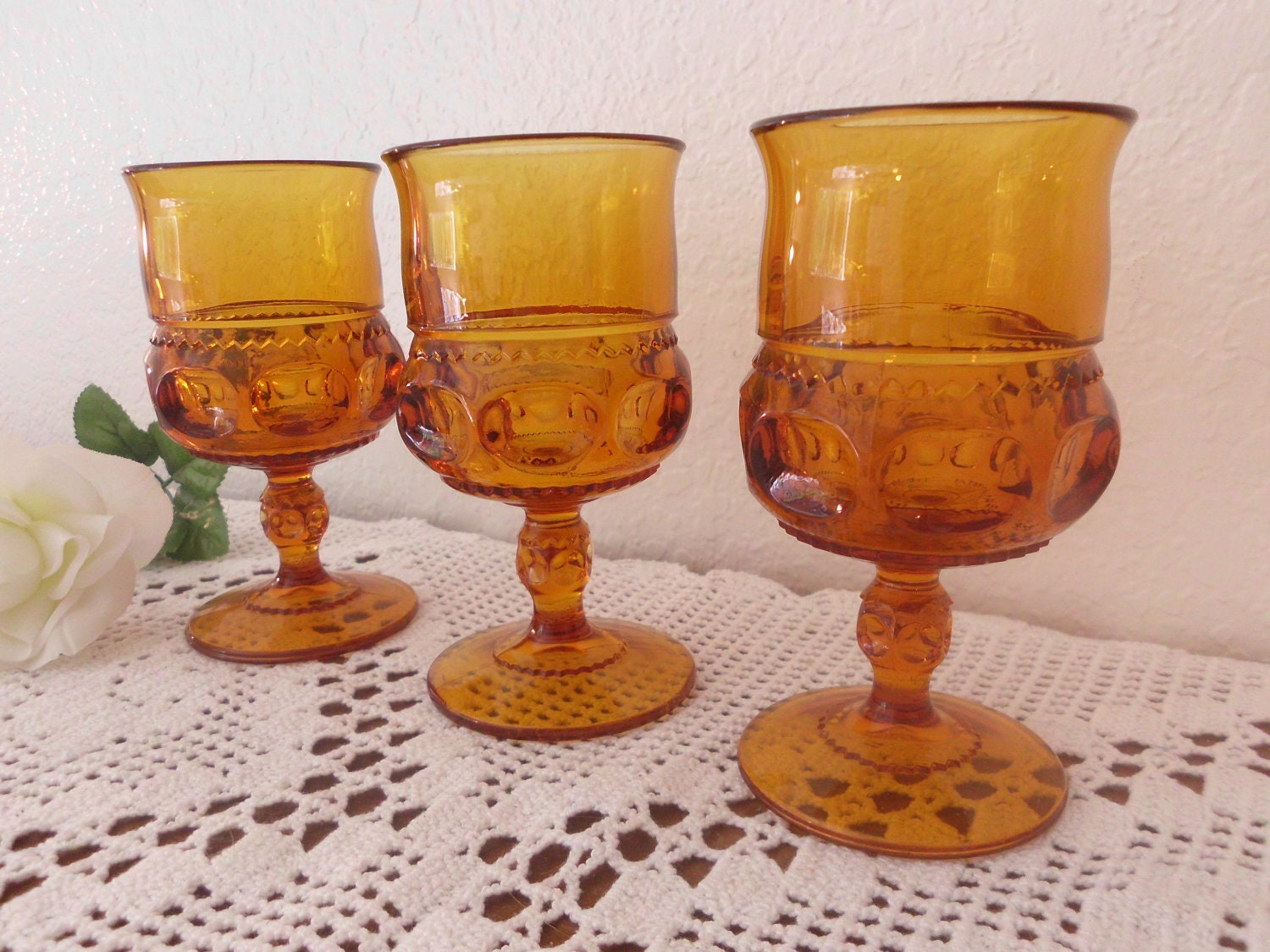 Vintage Amber Glass Goblet Set Indiana Carnival Thumbprint Glassware Autumn Fall Halloween 70's Home Decor Kings Crown Orange Wedding
