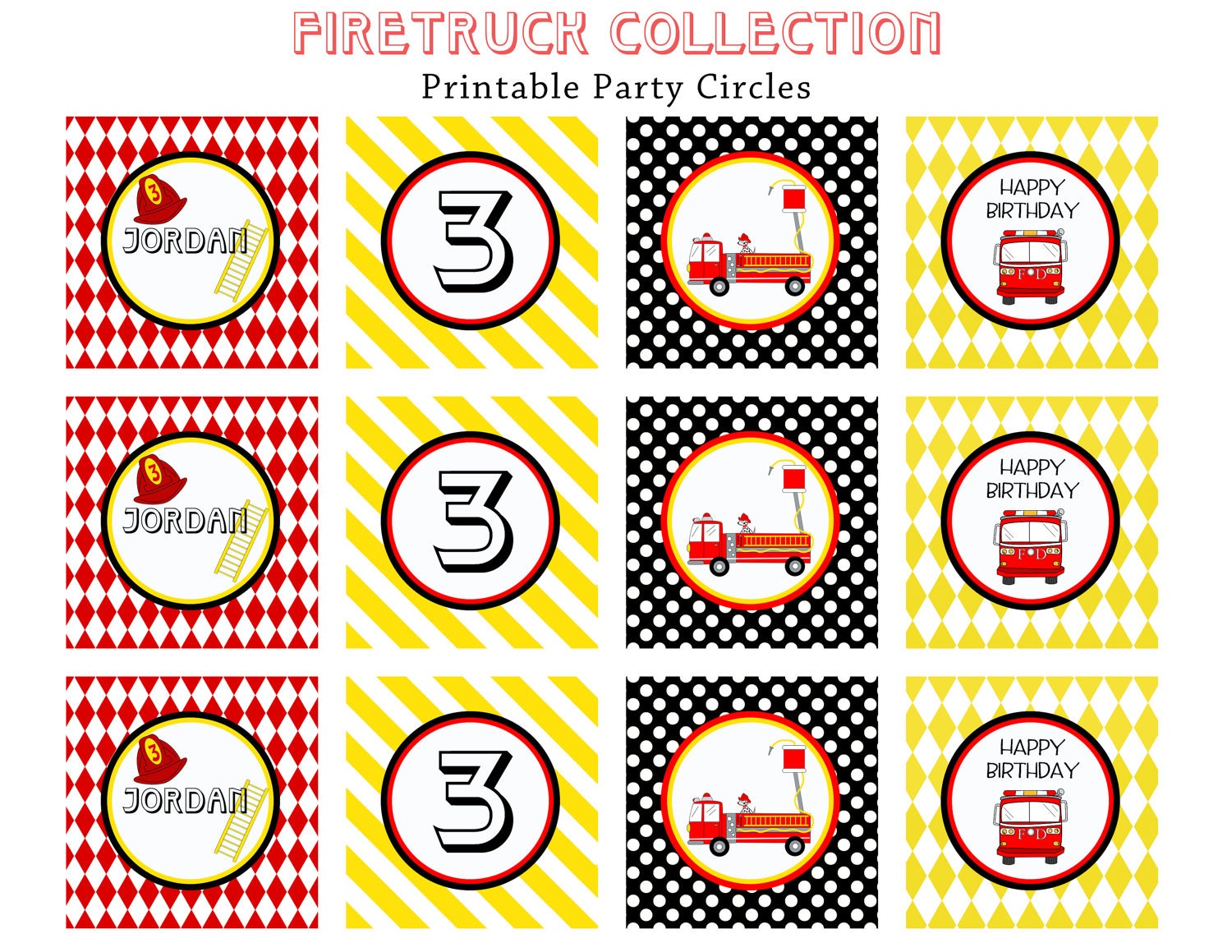 FIRE TRUCK birthday, Printable Party CIRCLES, Libby Lane Press Il_570xn