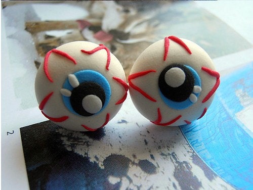 1Pair bloodshot eyeball blood eye ear stud earring, polymer clay, punk rock gothic, Stunning Creepy Creepy Halloween