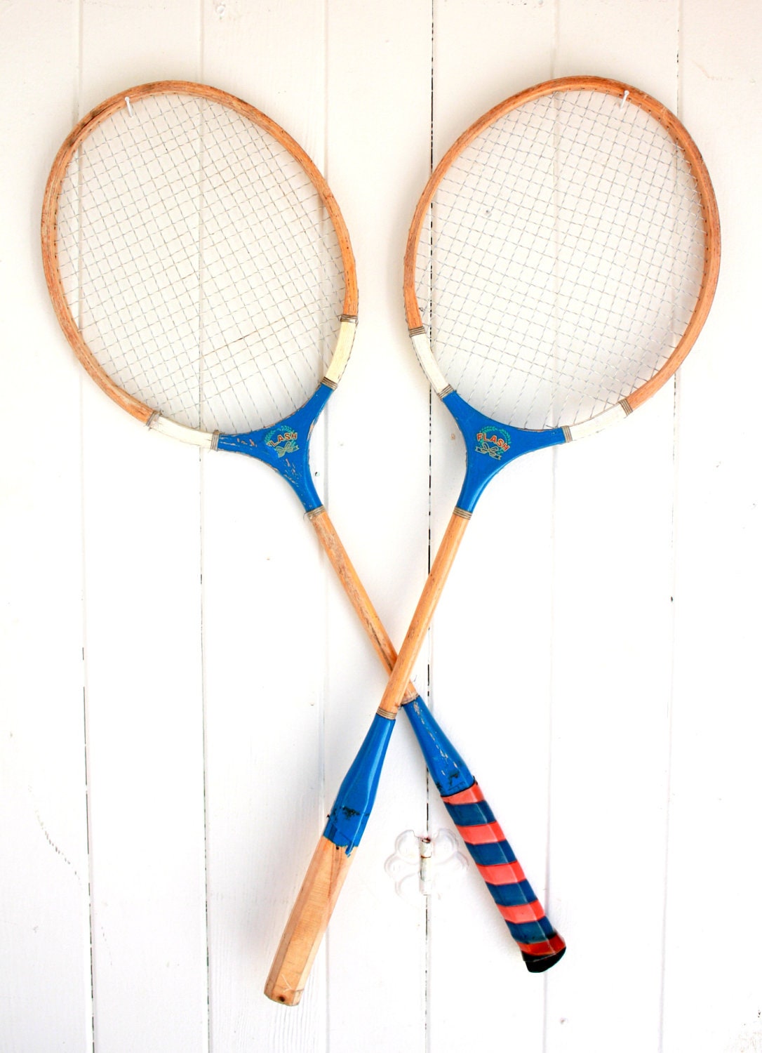 Vintage Rackets, Badminton Racquets, Flash Brand, Red and Blue, Preppy Decor, Pair of Rackets
