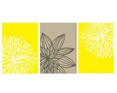 Modern Beach house art Print Set of 3 5x7 Lemon Yellow Floral Pattern Wall Art Prints Chrysanthemum