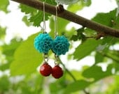 Teal Flower Earrings Chrysanthemum Flower with Red Bead Bridesmaid Gift