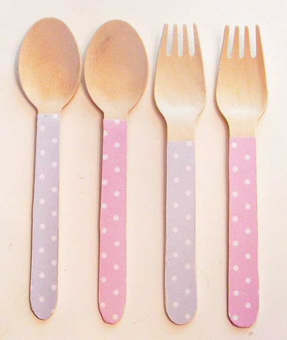 Pink and White and Baby Blue and White Polka Dot Wooden Forks or Spoons - Set of 20 Il_570xn
