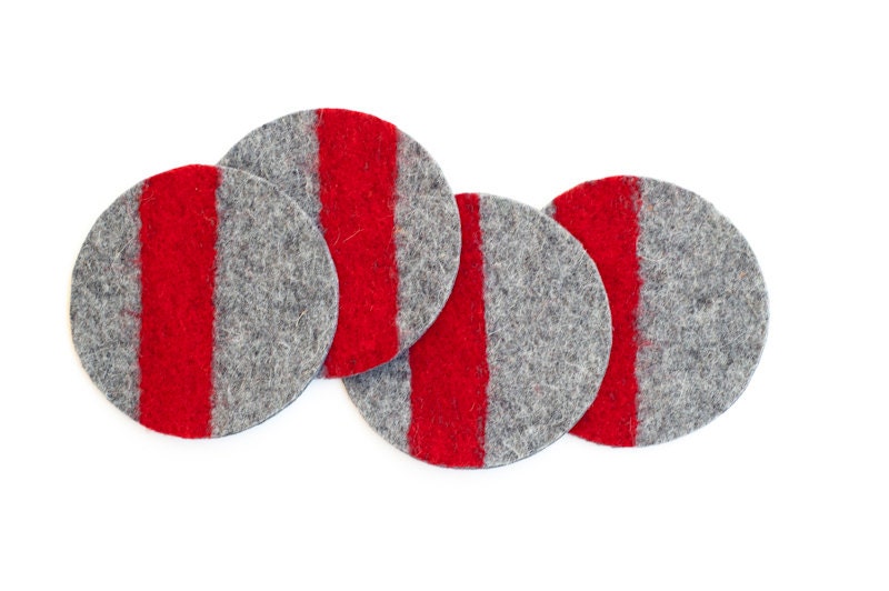 Felt Coasters, Industrial Felt, Gray and Red, Set of 4