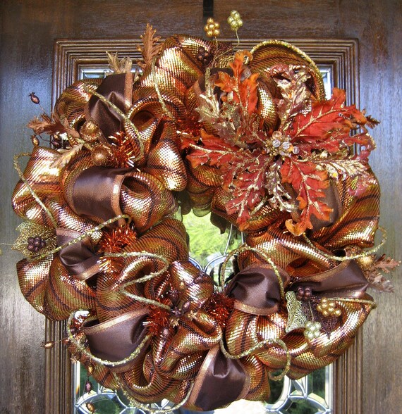 Deluxe Deco Mesh Bronze and Copper STRIPED Wreath with a large Sparkle FALL FLOWER