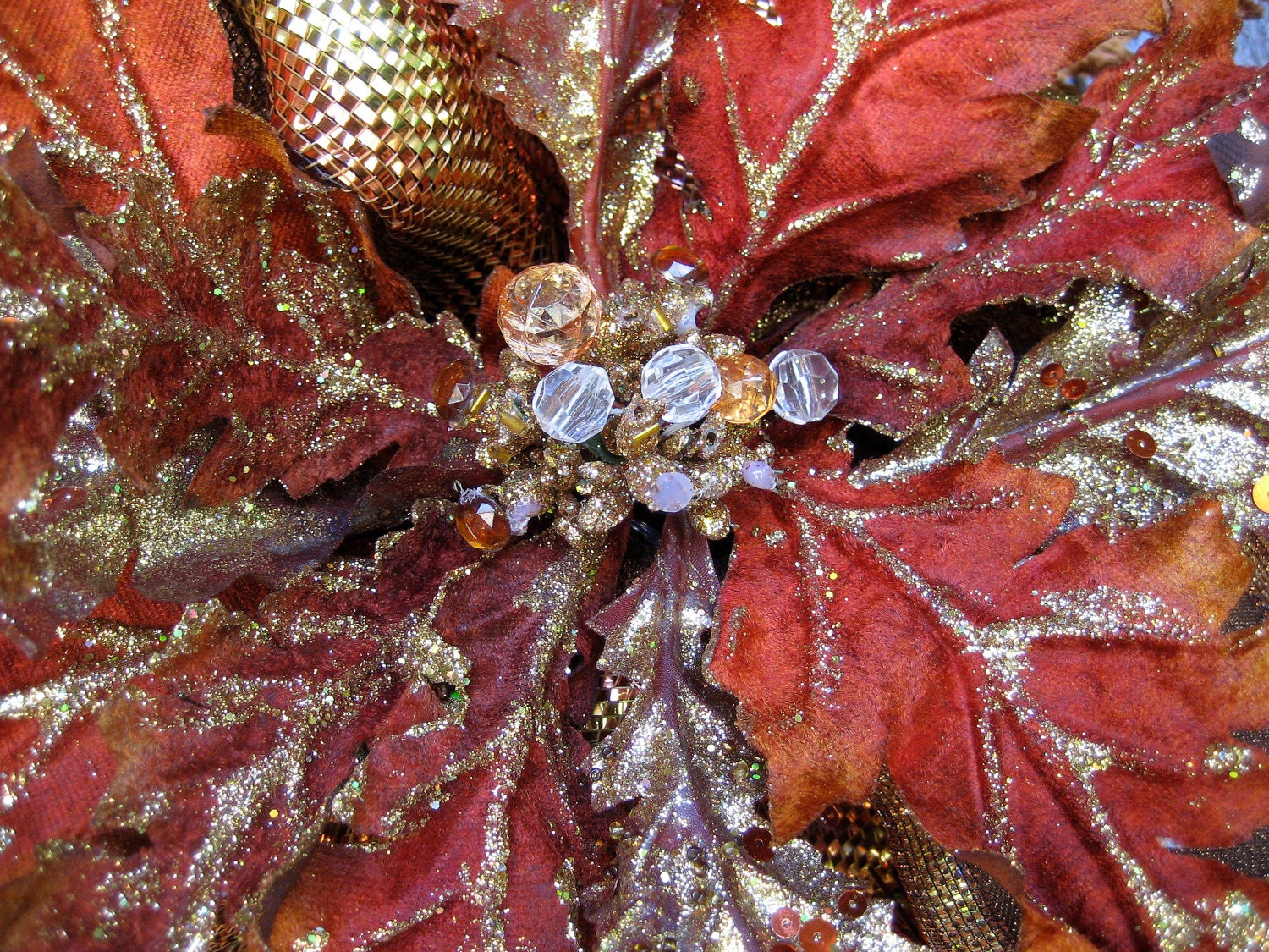 Deluxe Deco Mesh Bronze and Copper STRIPED Wreath with a large Sparkle FALL FLOWER
