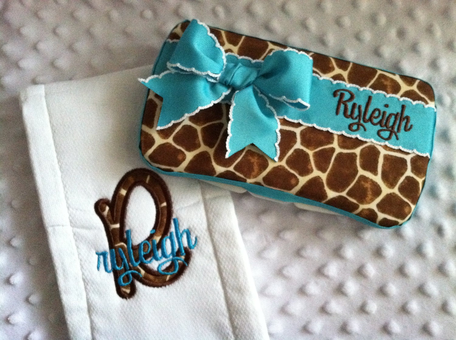 Custom Personalized Giraffe Print Boutique Burp Cloth and Travel Baby Wipes Case Set - Completely Custom - Choose Fabric and Colors