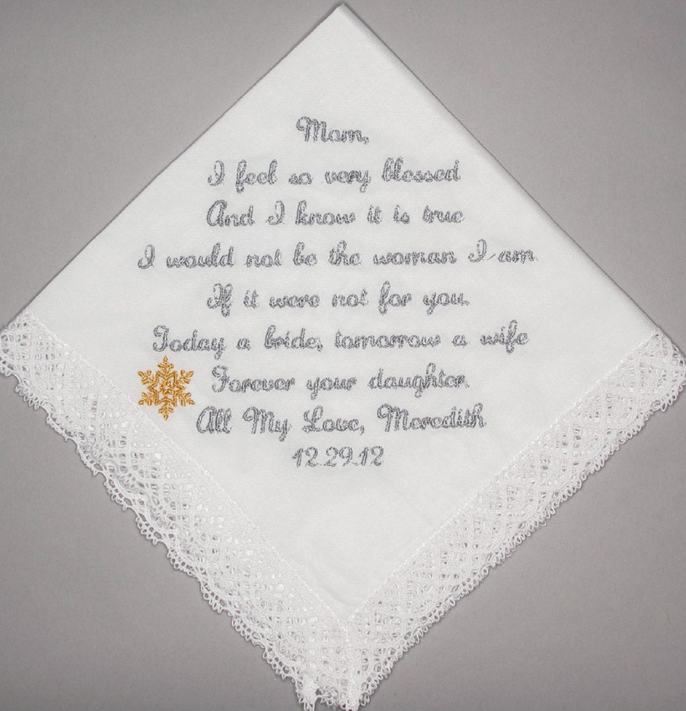 Gift for Mother of the Bride from the Bride Custom Embroidered White Wedding Handkerchief